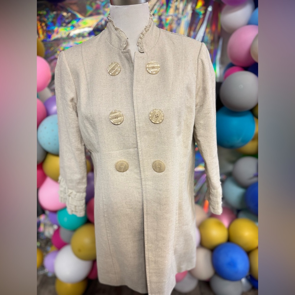 Vintage Multiples Linen Blend‎ Double Breasted Coat Ruffle Collar Medium  Jacket